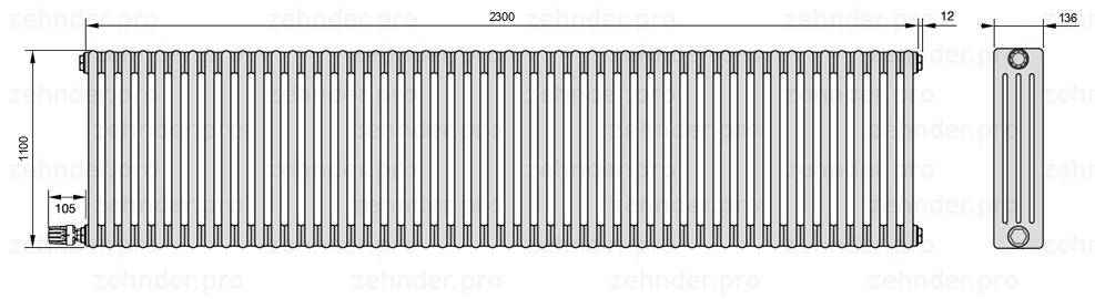 Схема (чертеж) Радиатор Zehnder Charleston 4110/50 №V004 Белый глянцевый RAL 9016